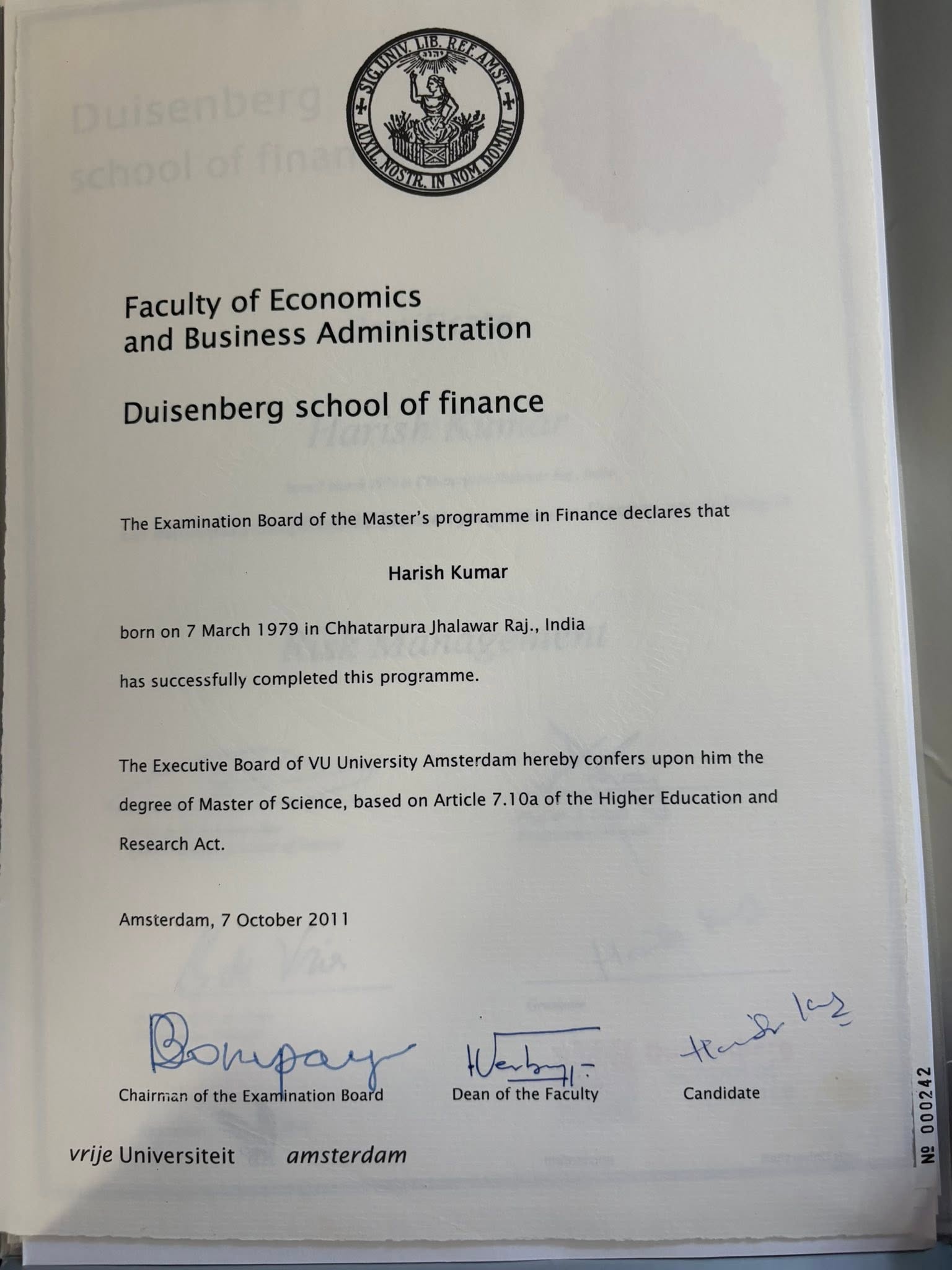 MSc Finance certificate from Duisenberg School of Finance, VU University Amsterdam — awarded to Harish Kumar, 7 October 2011